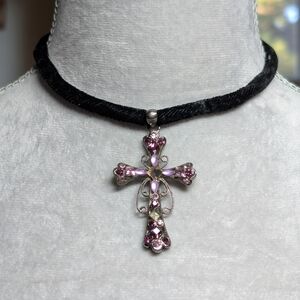 Silver and Pink Cross Choker On Velvet